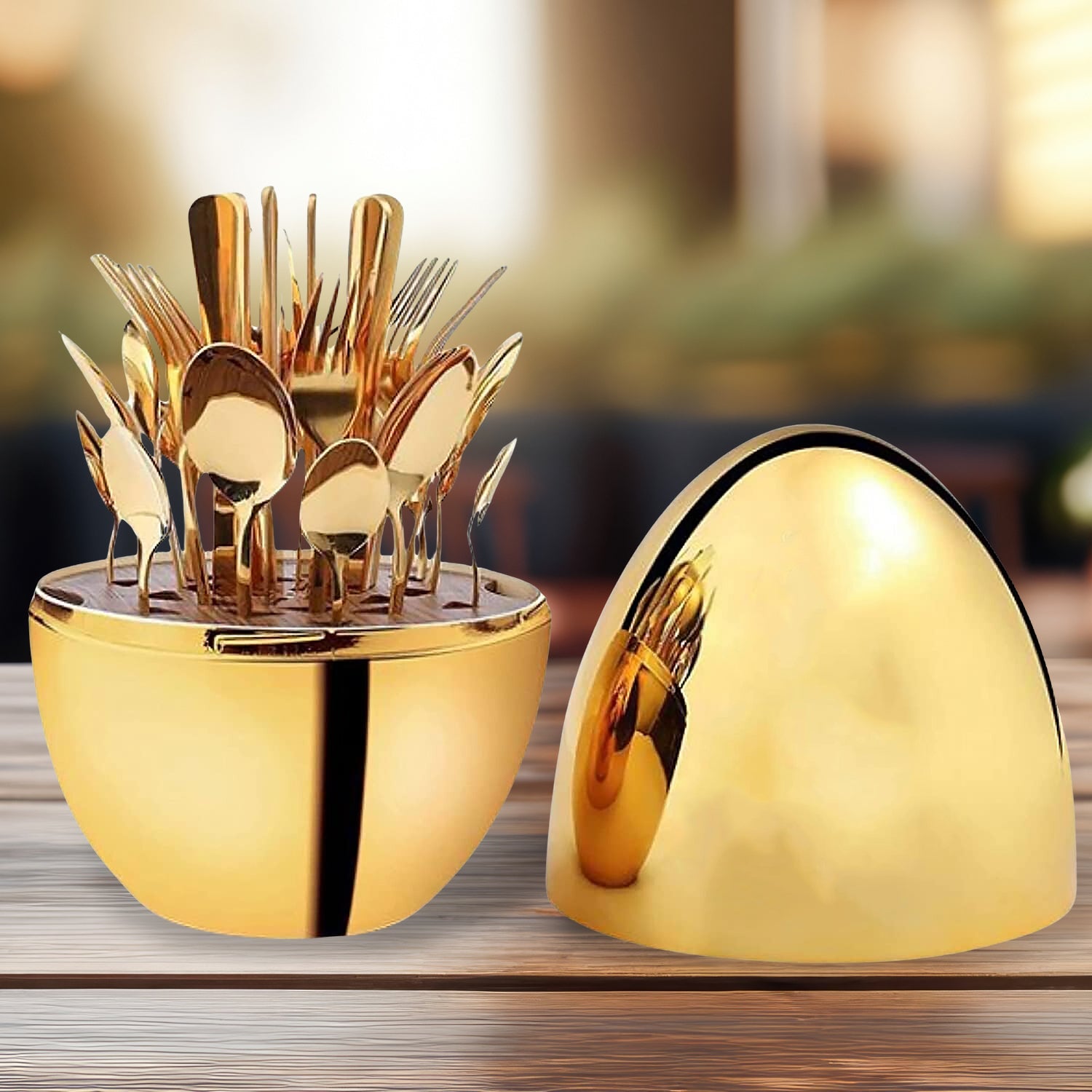 Premium Cutlery Set 24 Pcs with Oval Shaped Stand | Beautiful Stylish Oval Designed Cutlery Sets, Egg-Shaped Luxury Spoon Holder Set (Golden / 24 pcs set) Premium Cutlery Set 24 Pcs with Oval Shaped Stand | Beautiful Stylish Oval Designed Cutlery Sets, Egg-Shaped Luxury Spoon Holder Set (Golden / 24 pcs set)